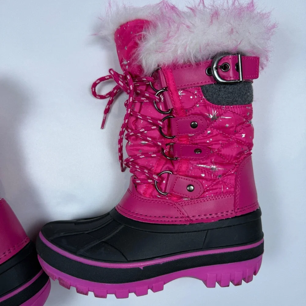 KRIVER-1 Snow Boots Kids Size 13 Pink Star Quilted Faux Fur Trim Duck Boots